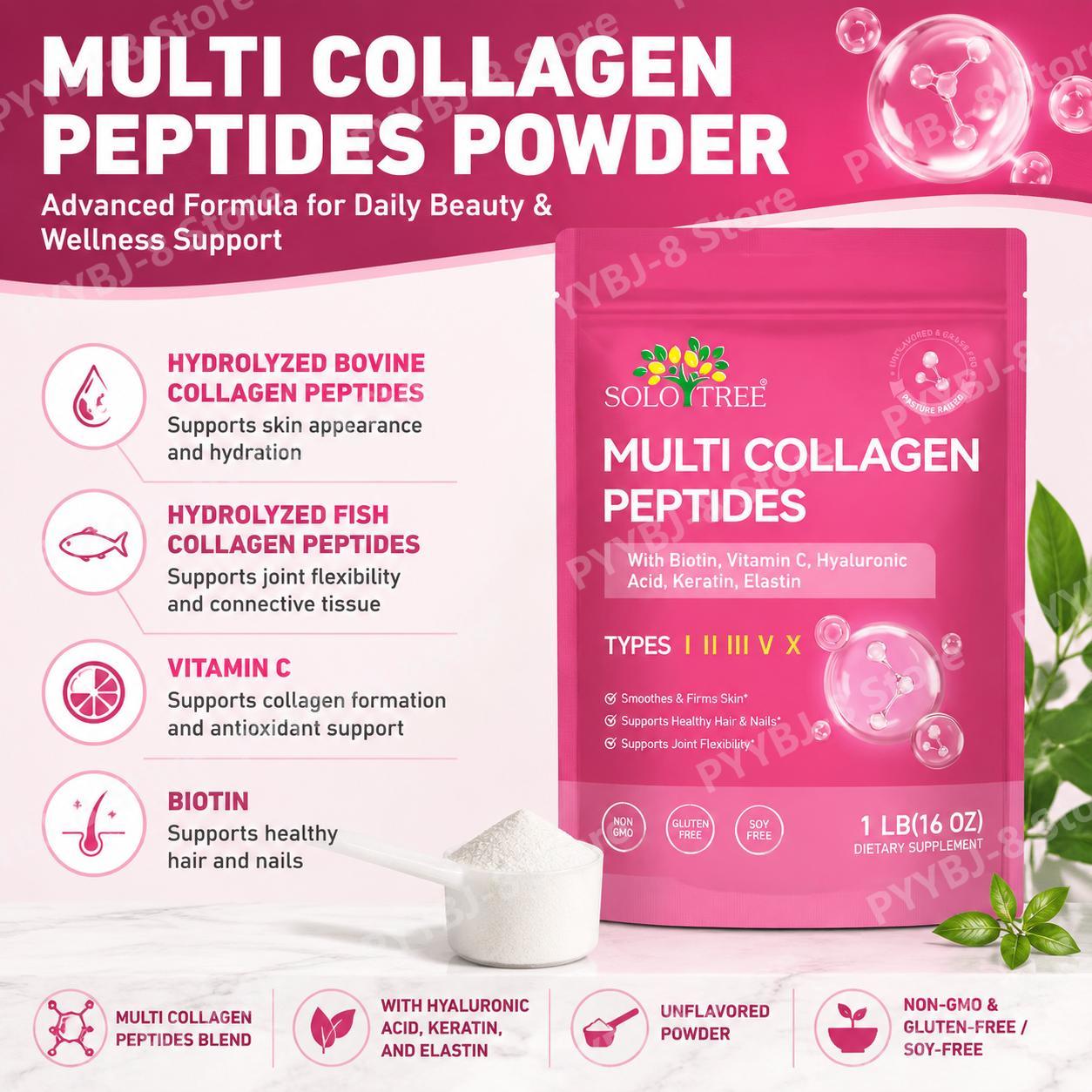 Collagen Peptide Powder - SoloTree Multi Collagen Peptides Powder with